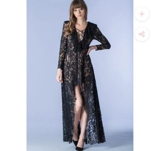 Large Laced Hi-Low Black and Cream color long Dress with long sleeves